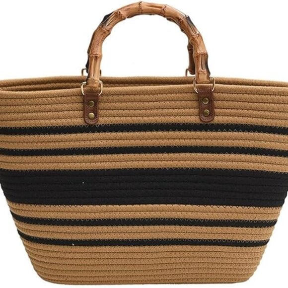 Neiman Marcus Khaki & Black Resin Bamboo Handle Cotton Thread Tote Bag - Picture 4 of 4